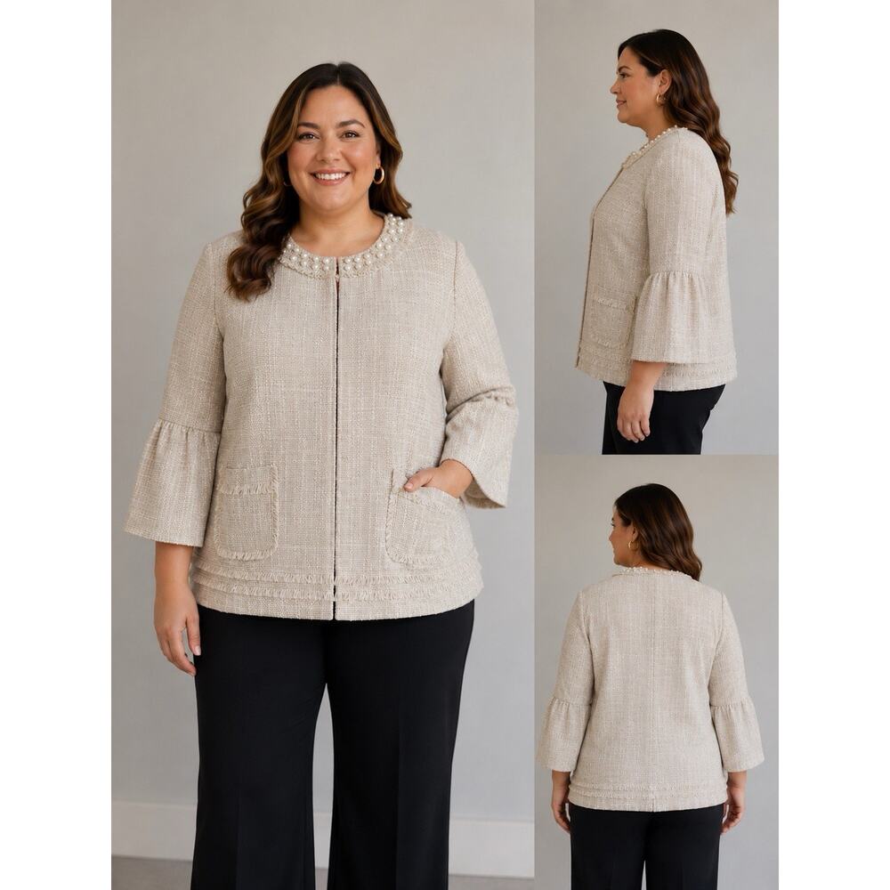 NWT Karl Lagerfeld Paris Tweed Pearl Trim Jacket Women's Size 18 W Cream